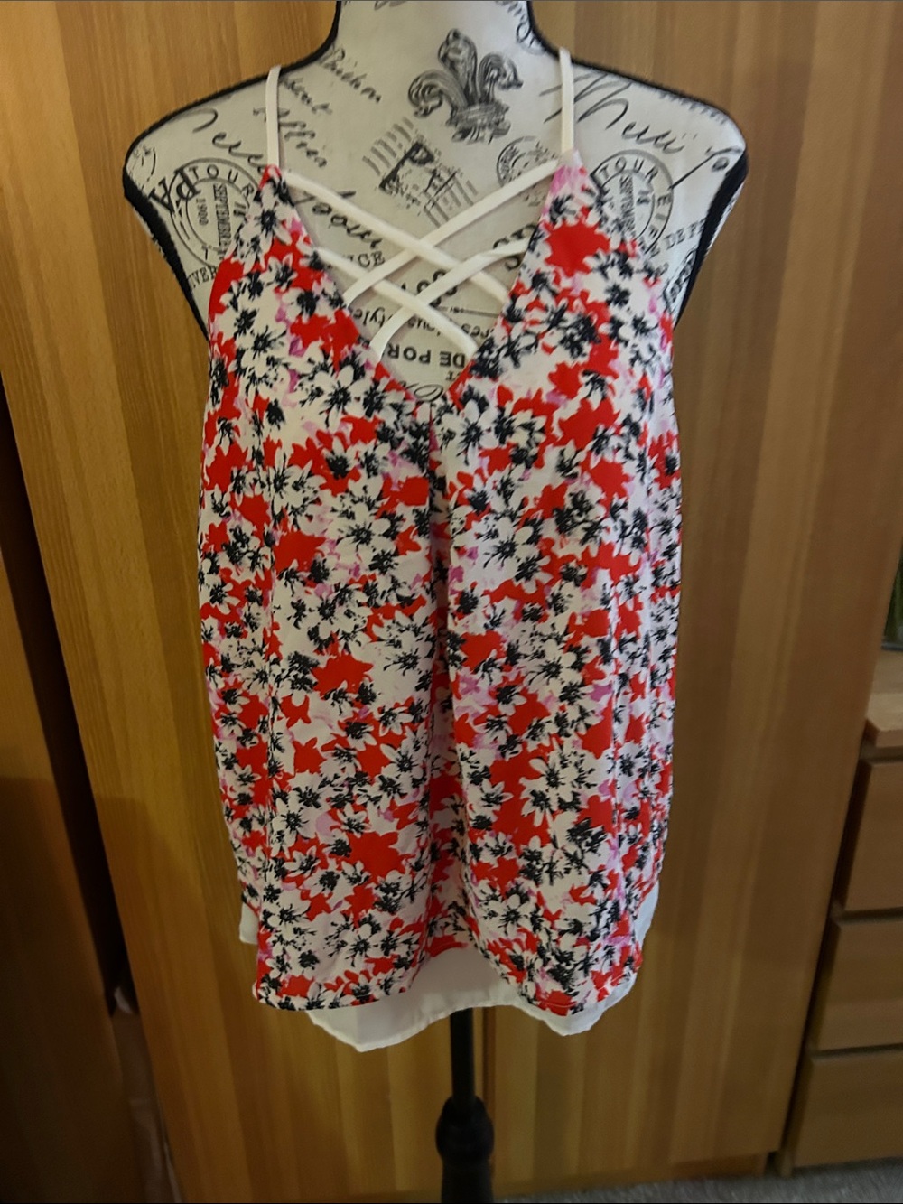 Monteau Red, White & Black Floral Crisscross Camisole